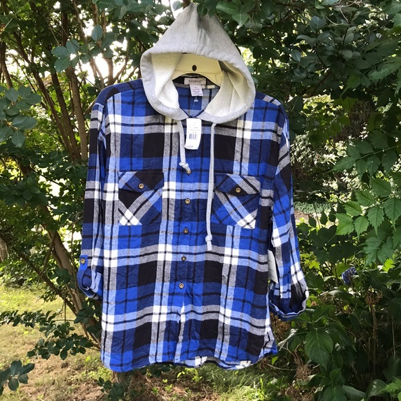 Blue Plaid Hooded Flannel Shirt Xl 
